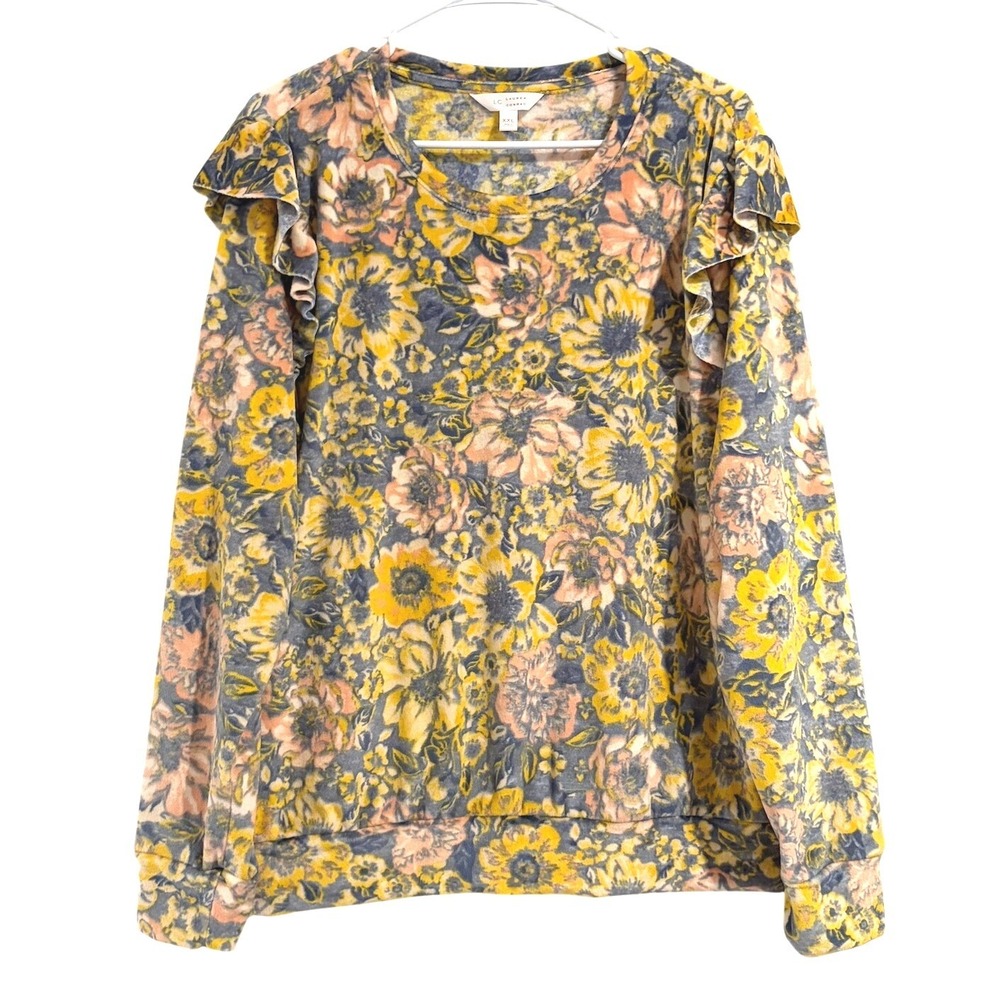 LC Lauren Conrad Floral Velour Ruffle Shoulder Sweatshirt Yellow Blue XXL
